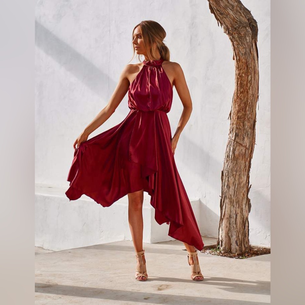 Asymmetric Halter Midi Dress 
Twosisters Kathleen Red Satin Size 4 NWT